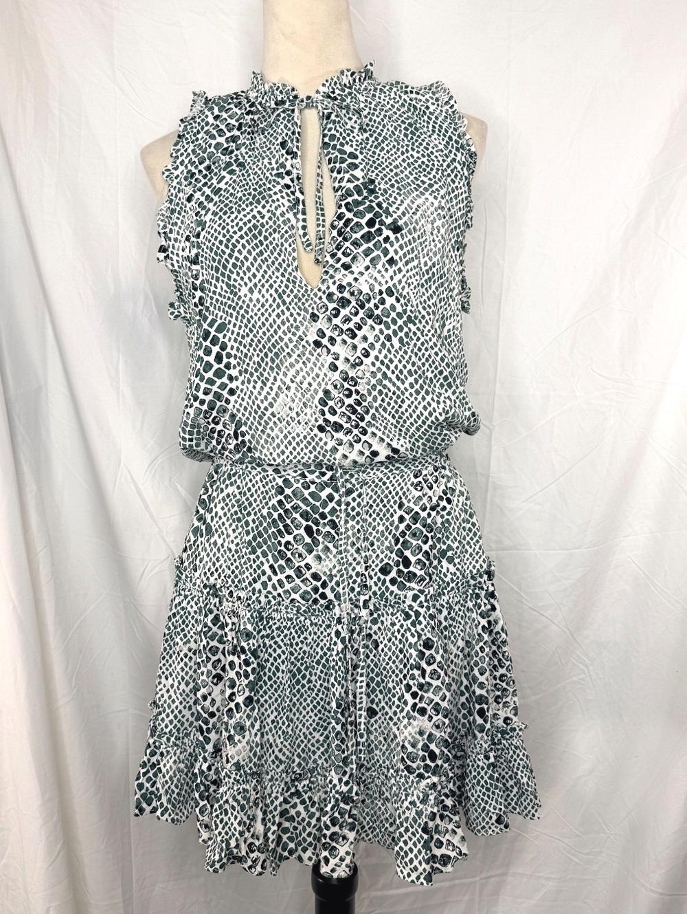 BuddyLove 100% Rayon Green Snake Print Ruffle Dress